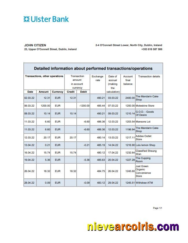 Ireland Ulster Bank statement xls
